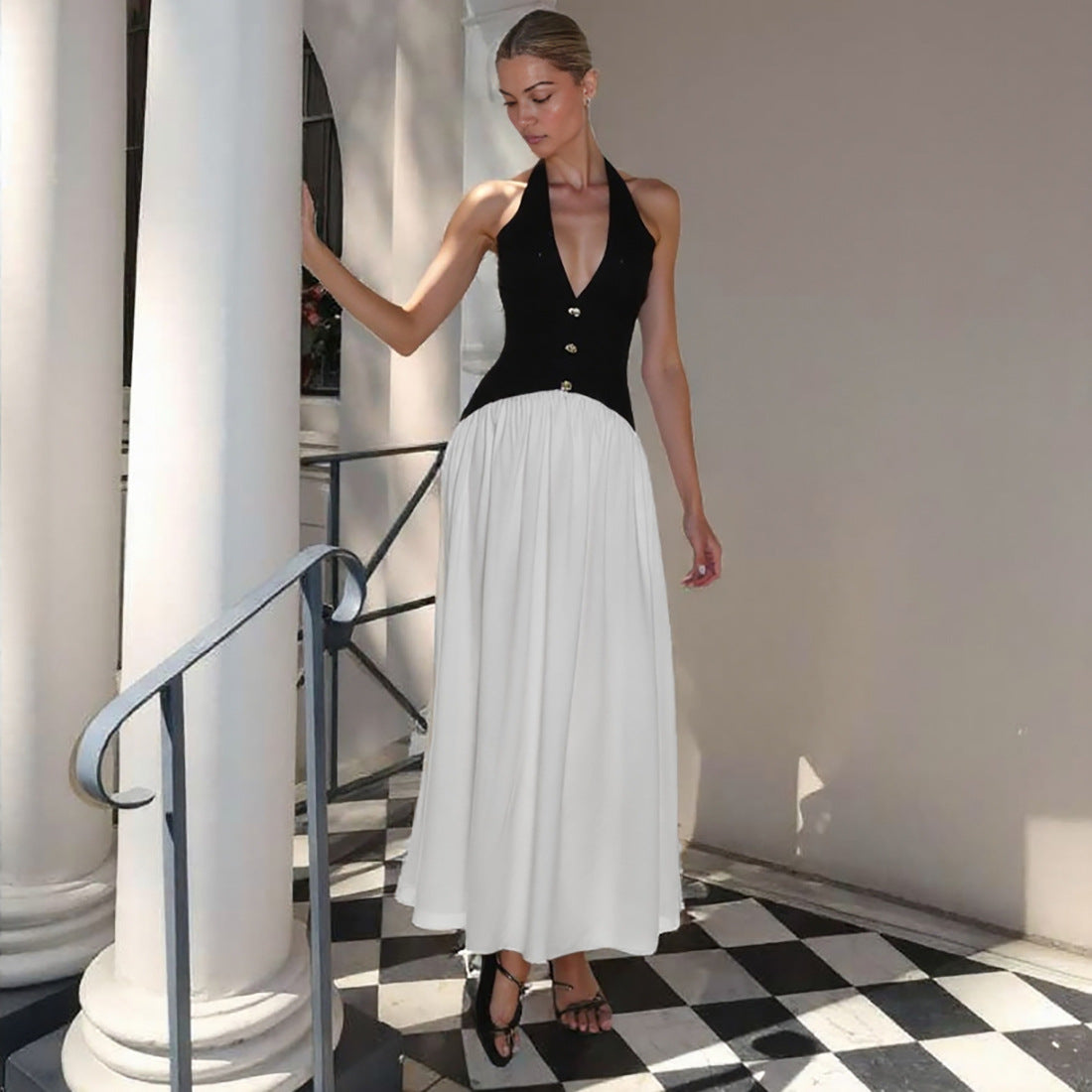 Fall Women Clothing French Sexy Halter Backless Contrast Color Fastener Decoration Dress