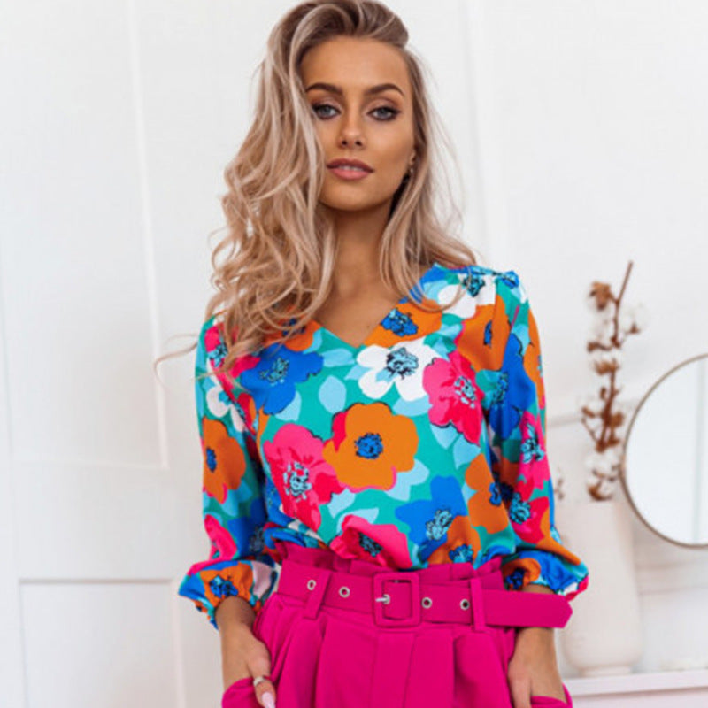 Simple V neck Chiffon Pullover Top for Women Spring Summer Three Quarter Sleeve Slimming Fashionable Chiffon Shirt