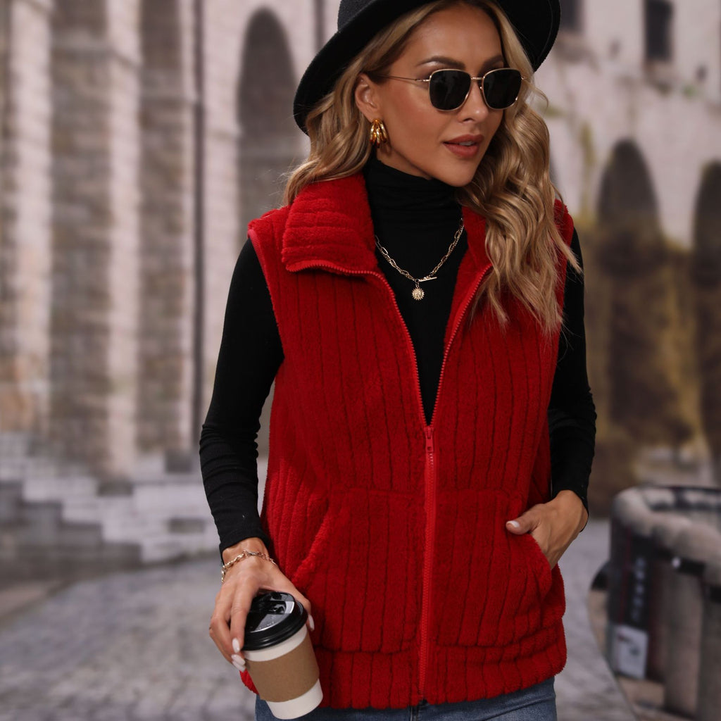 Fall Women Collared Sleeveless Loose Striped Zipper Plush Casual Jacket