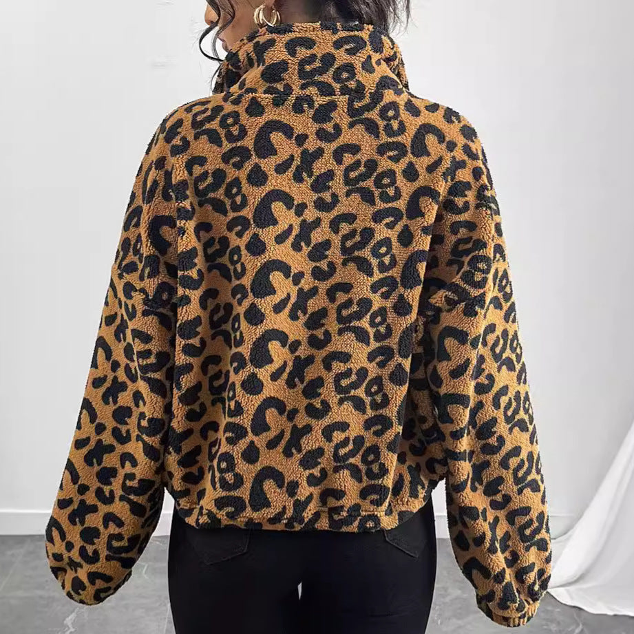 Autumn Winter Women Clothing Loose Cardigan Zipper Leopard Print Plush Coat