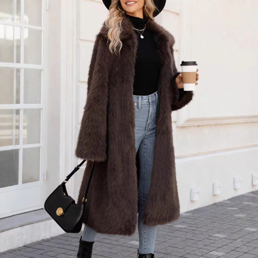Faux Fur Coat Top Faux Fur Long Cut Coat Warm Keeping Cold-Proof Trench Coat