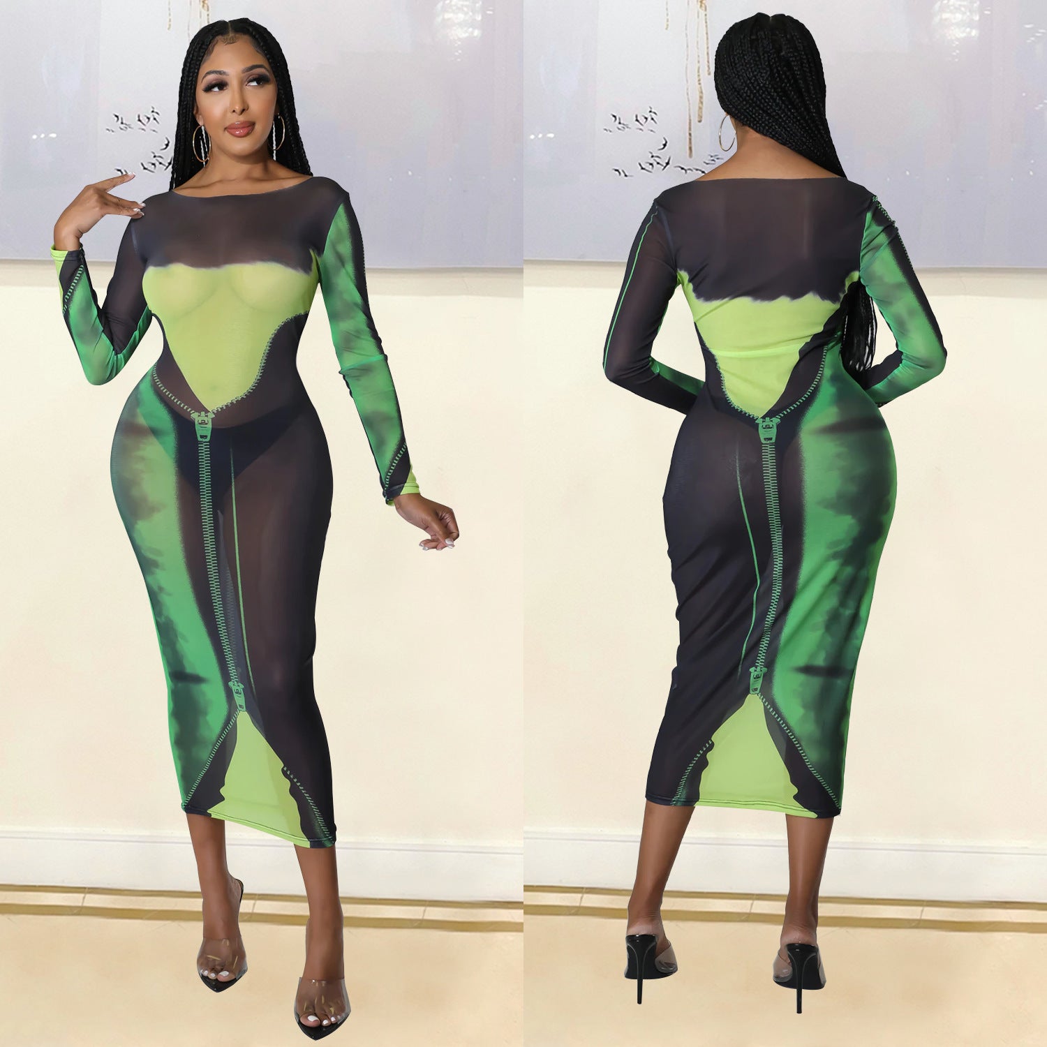 Summer Women Clothing Sexy Mesh Floral Print Long Sleeve Mid-Length Women Dress