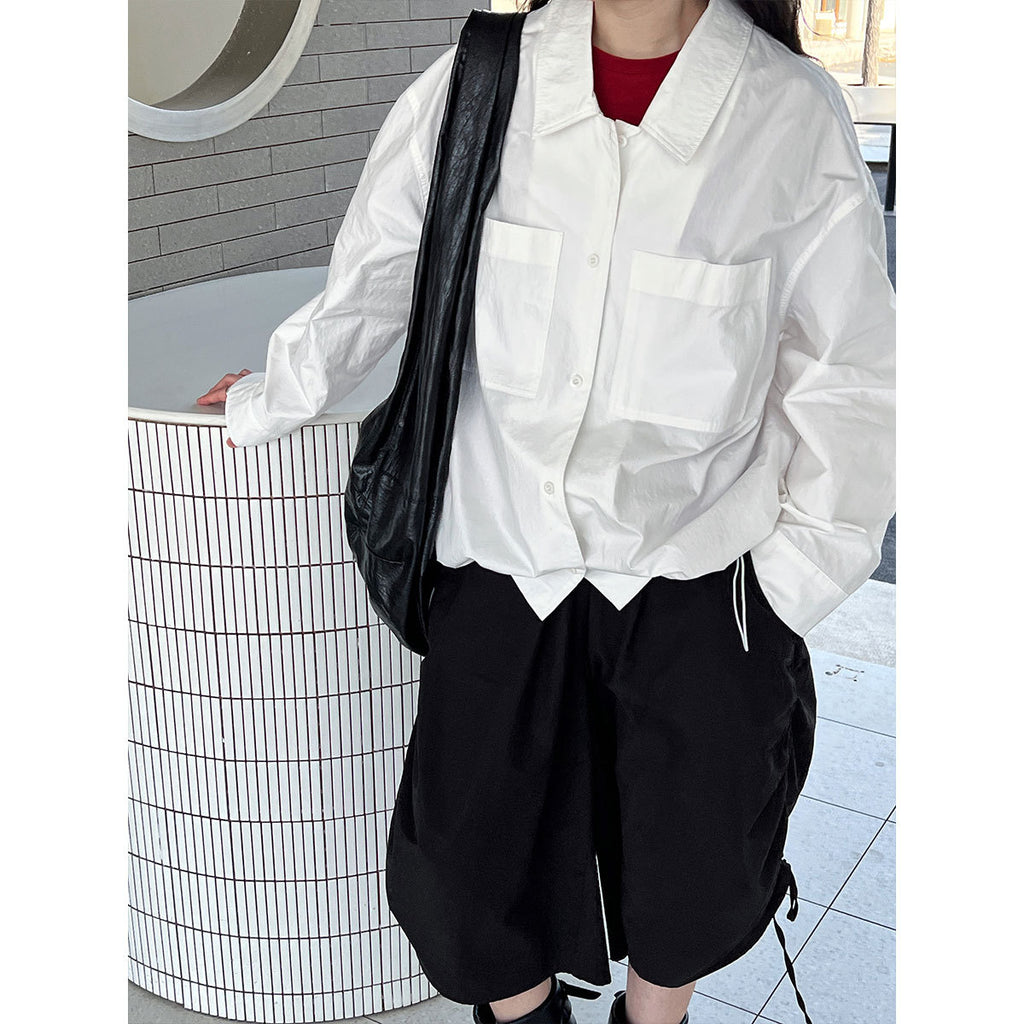 Elegant Double Pocket Polo Collar Casual Shirt Women Spring All Matching Bandage Dress Shirt