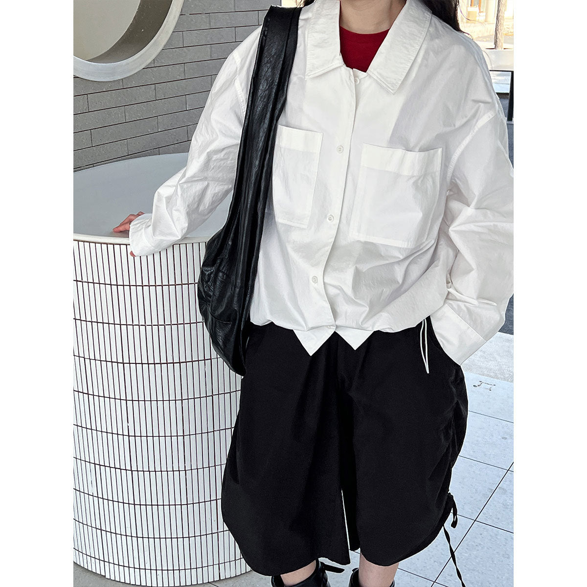 Elegant Double Pocket Polo Collar Casual Shirt Women Spring All Matching Bandage Dress Shirt