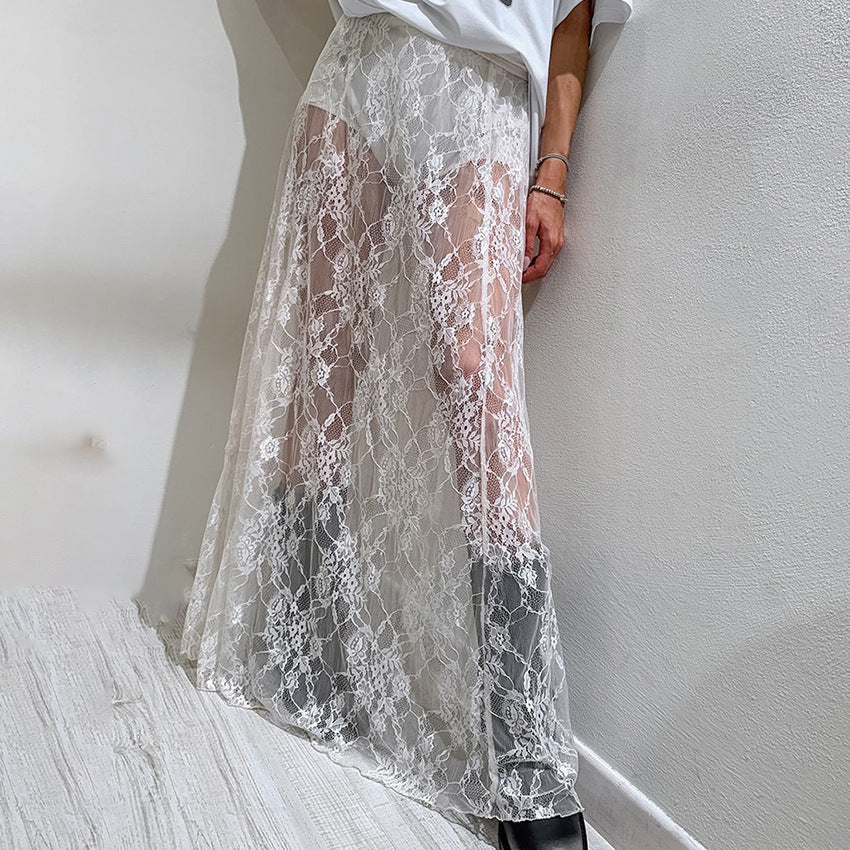 Summer Sexy Atmosphere Lace See through Skirt High Waist Women Clothing