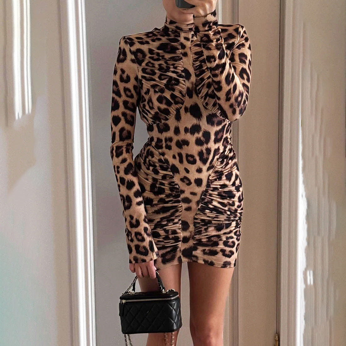 Robe fourreau unie plissée, dos nu et col roulé, coupe moulante, sexy, automne-hiver, pour femme