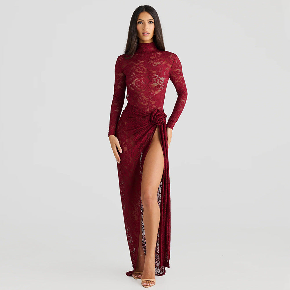 Sexy Slim Fit See through Two Piece Sets Half Turtleneck Bare Back Jumpsuit Side Slit Skirt