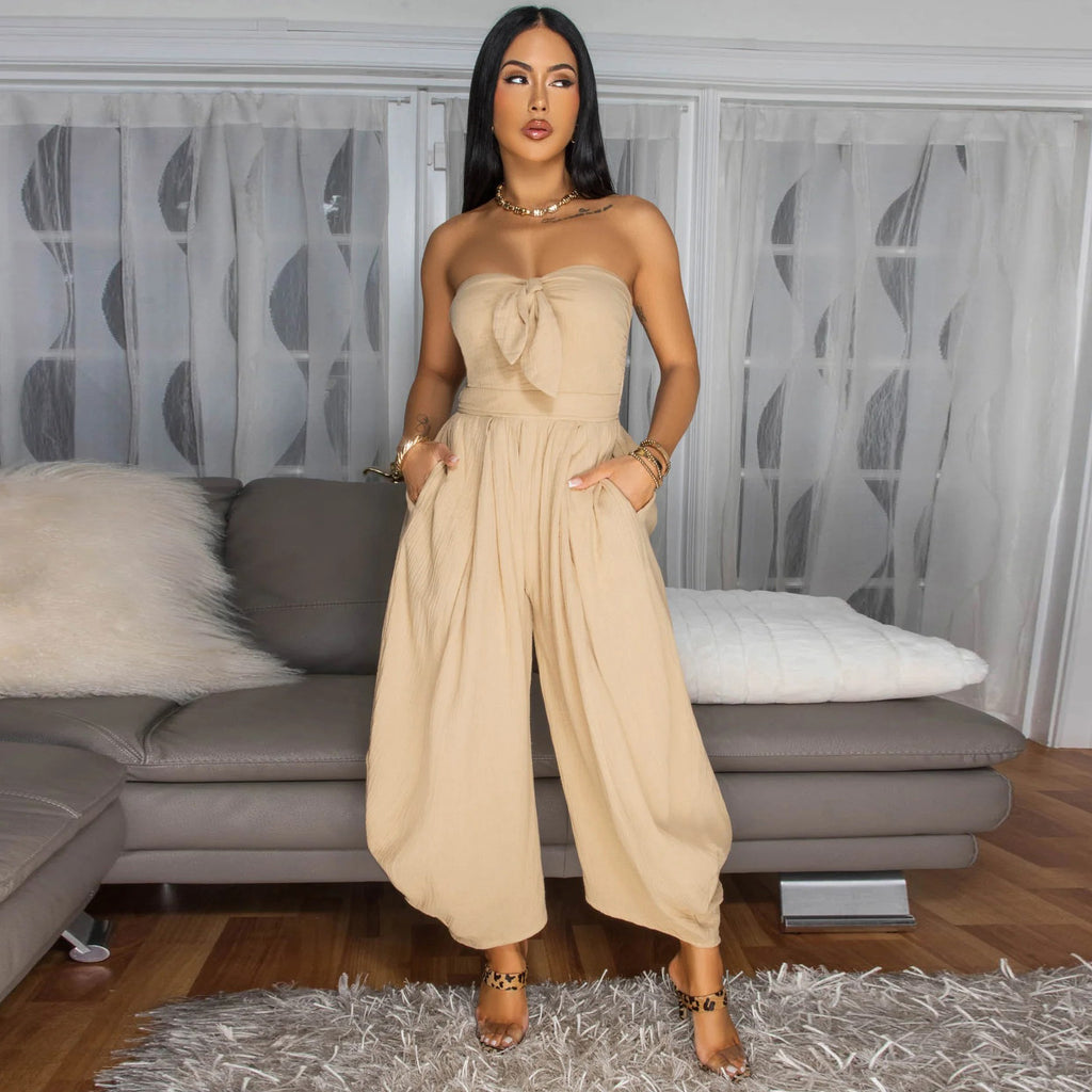 Women Summer Sexy Wrapped Chest Collar Solid Color Jumpsuit