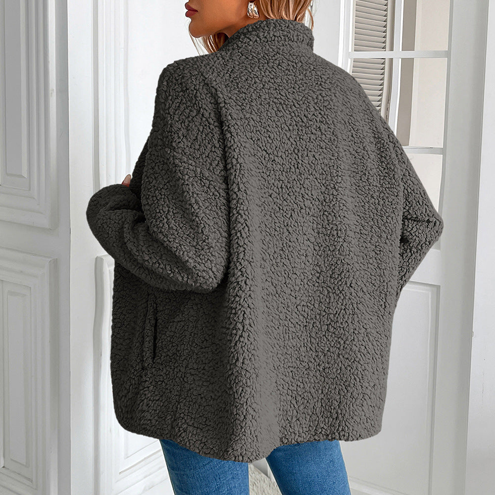 Women Clothing Autumn Winter Lamb Wool Berber Fleece Coat Women Loose Stitching Casual All Matching Jacket Coat