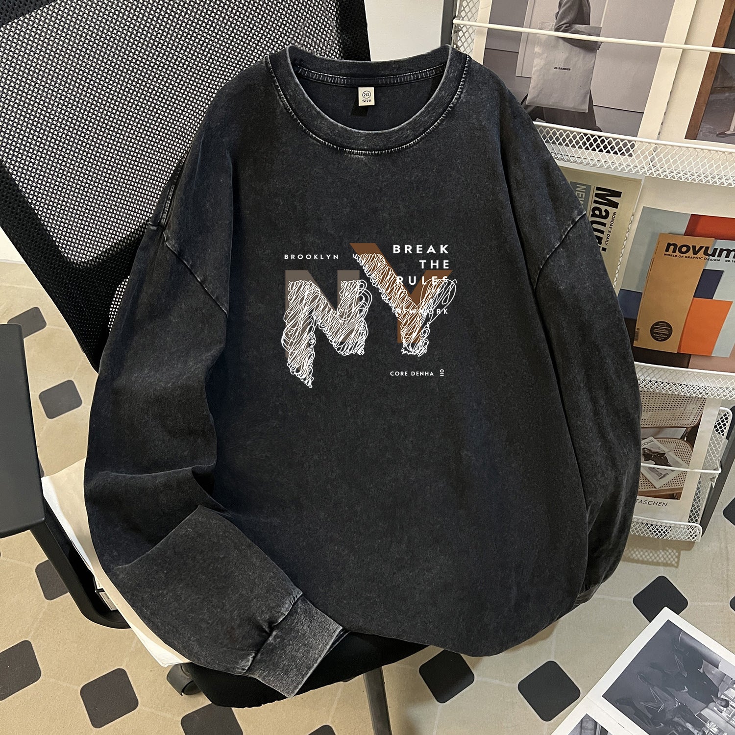 T-shirt à manches longues en coton épais délavé, style rétro automne-hiver, col rond, marque de niche, style hip-hop, pour femme.