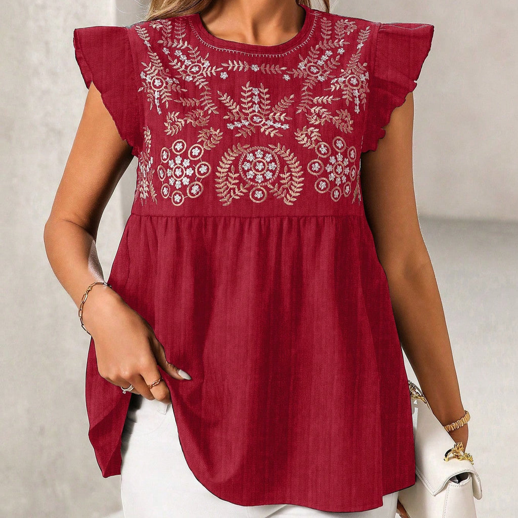 National Embroidered Shoulder Flying Sleeves Casual Short Shirt Women Top
