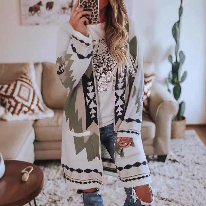 Spring Summer Women Clothing Long-Sleeved Printed Cardigan Coat Woolen Coat