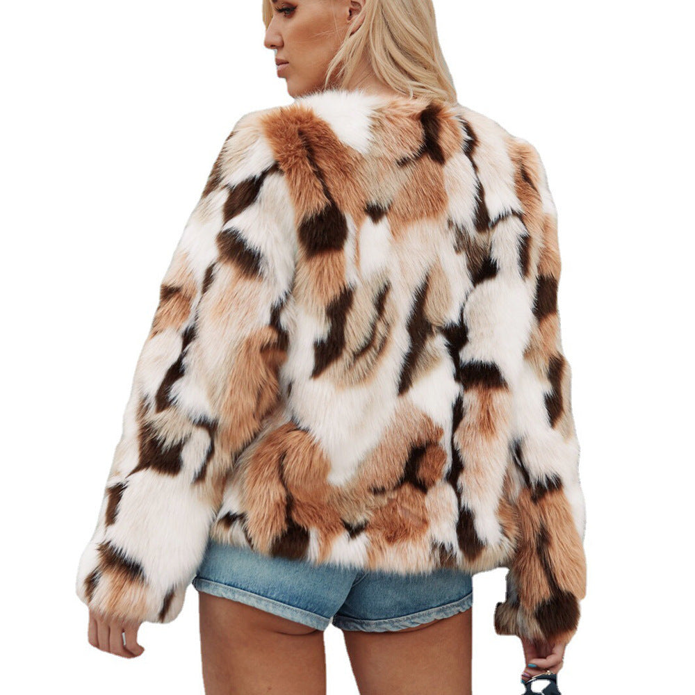 Popular Autumn Winter Mixed Color Faux Fur Coat Top Female