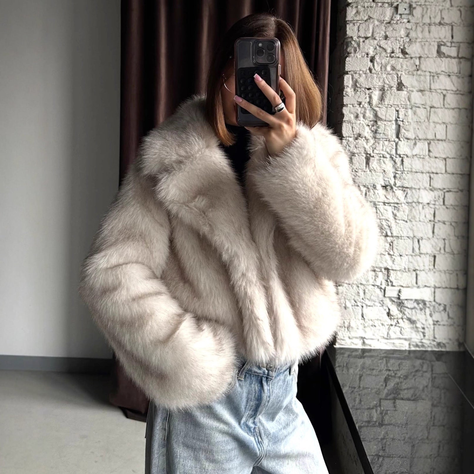 Autumn Winter Faux Fur Jacket Suit Collar Baggy Coat Short Furry Women Environmental Protection Fur Coat