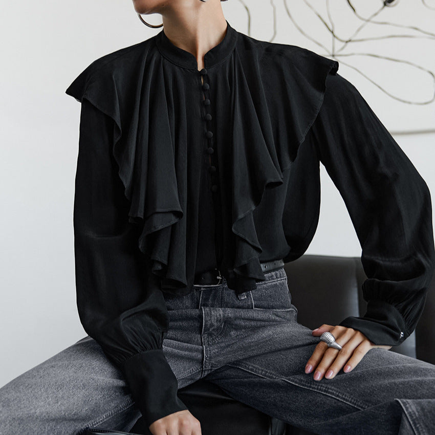 Court French Ruffled Stand Collar Single Breasted Long Sleeve Shirt Women French Lantern Sleeve Loose Solid Color Top