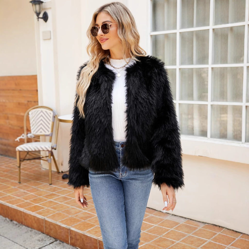 Short Round Collarless Women Faux Fur Top Women Plush Casual Coat