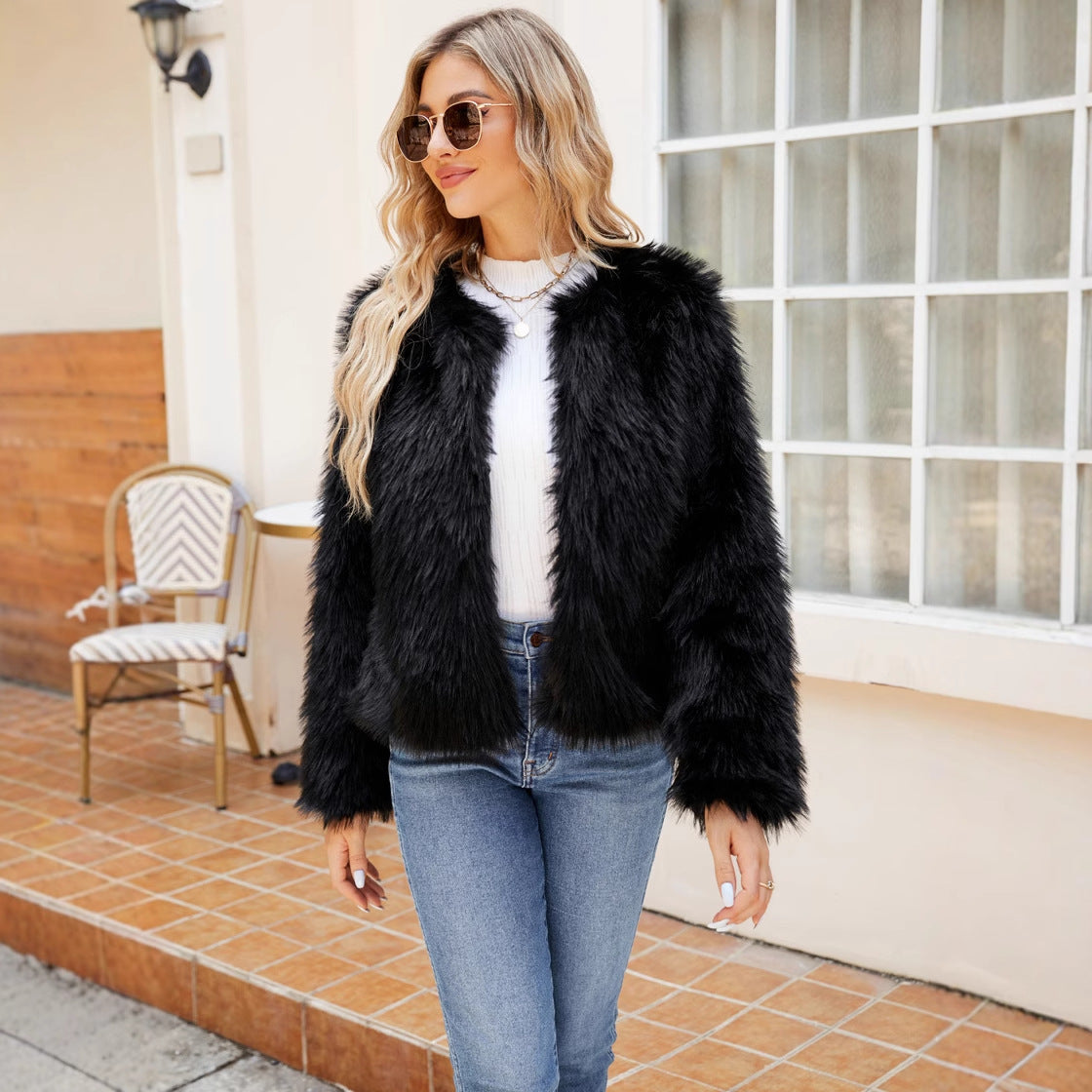 Short Round Collarless Women Faux Fur Top Women Plush Casual Coat