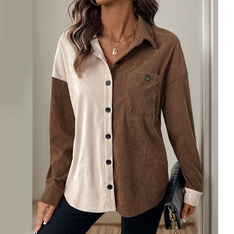 Collared Cardigan Autumn Winter Shirt Women Stitching Contrast Color Corduroy Top