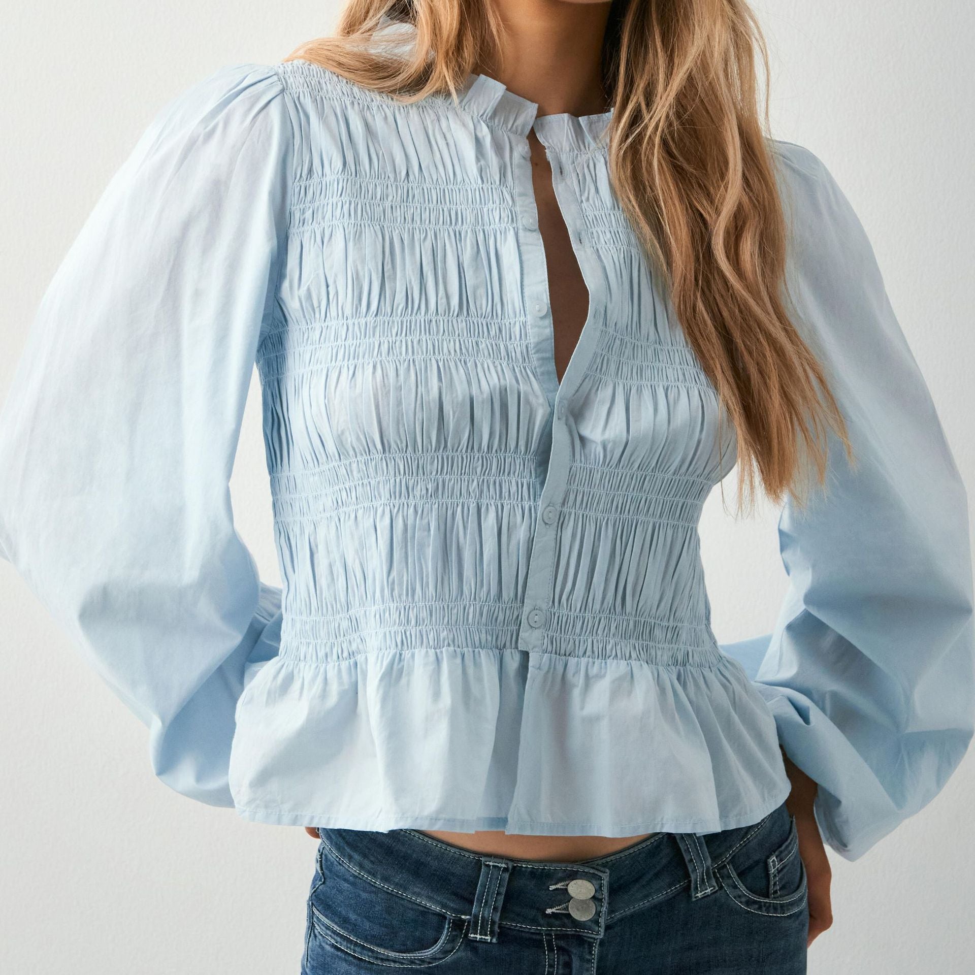 Women Solid Color Casual Button Slim Fit Cardigan Shirt Puff Sleeve Top