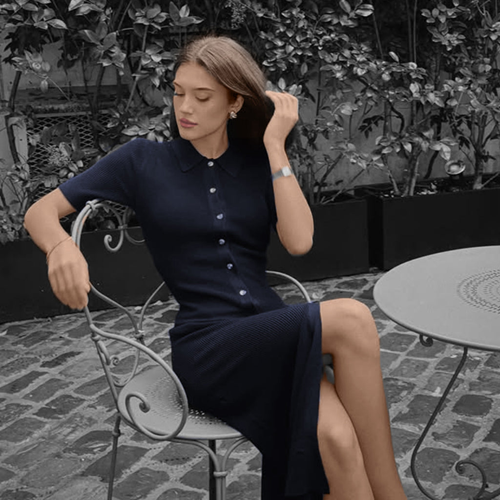 Women Basic Solid Color Knitted Breasted Polo Collar Short Sleeve Dress Elegant Dress