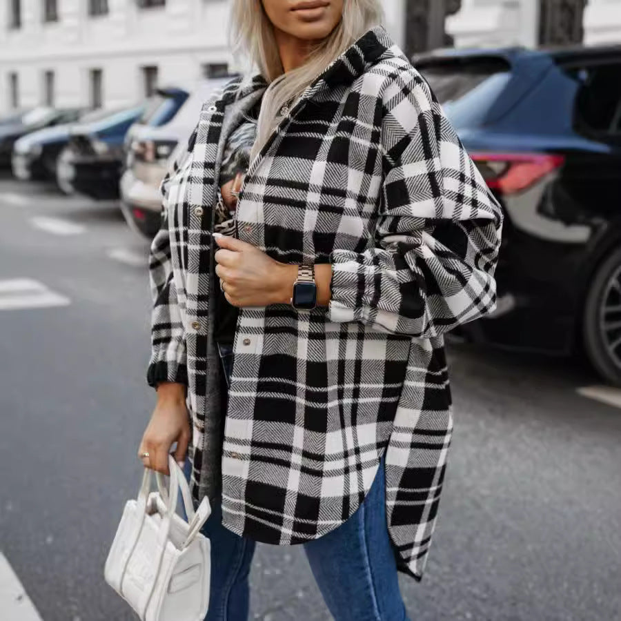 Women Clothing Autumn Hooded Plaid Coat Loose Casual