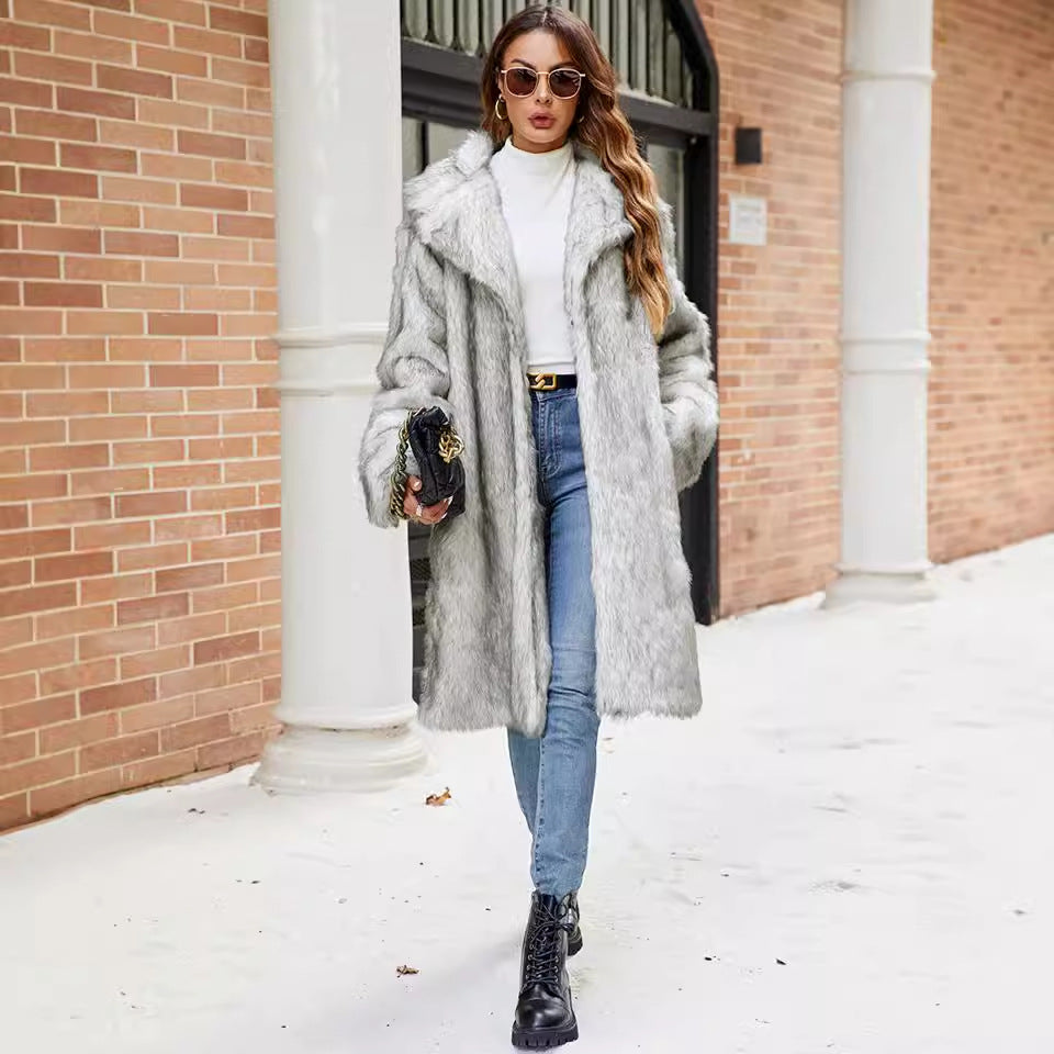 Autumn Winter Collar Long Ladies Faux Fur Coat Top Plush Coat