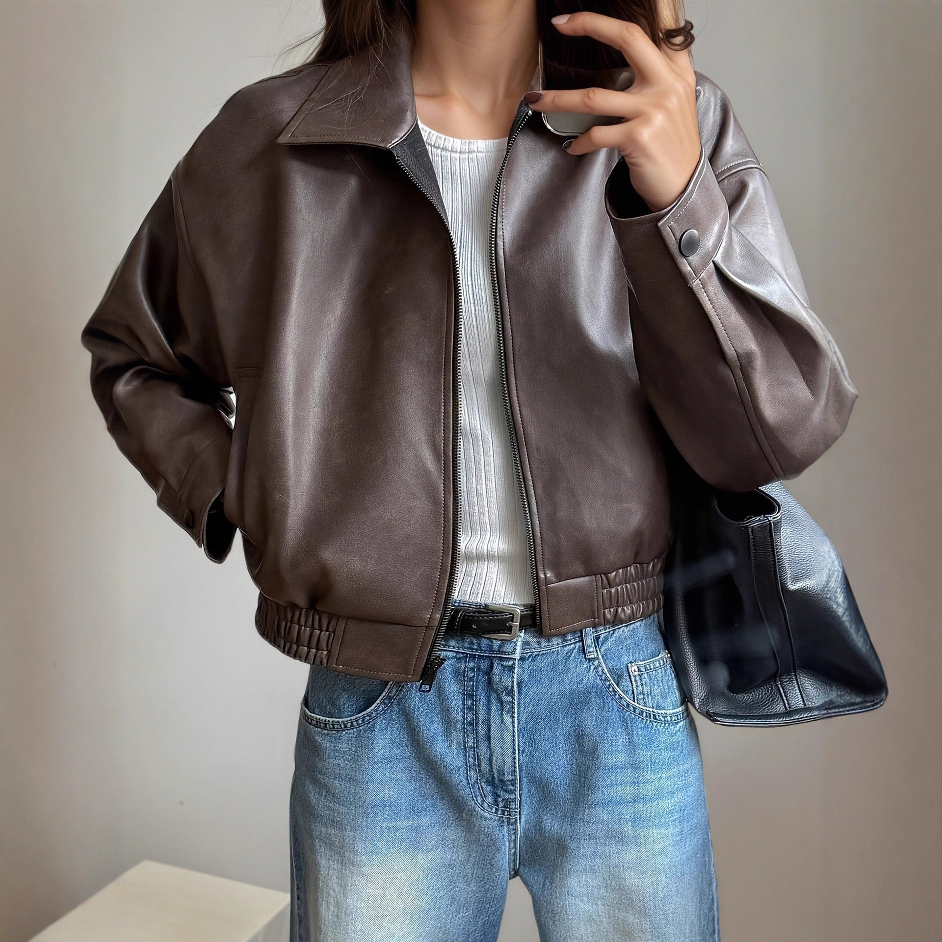 Leather Jacket Women Motorcycle Clothing Faux Leather Retro Jacket Long Sleeved Leather Coat Autumn Winter
