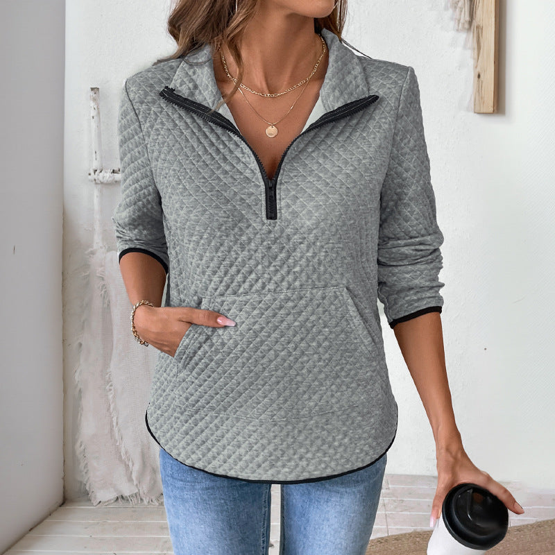 Sweat à capuche décontracté et simple pour femme, col montant zippé, demi-ouverture, en tissu à motif losanges, couleur unie.