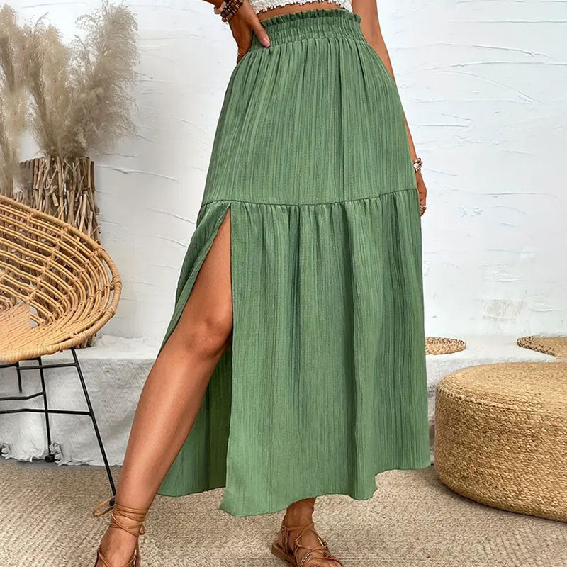 High Slit Ruffled Smocking Waistline Skirt Spring Summer High Grade Long Skirt for Women