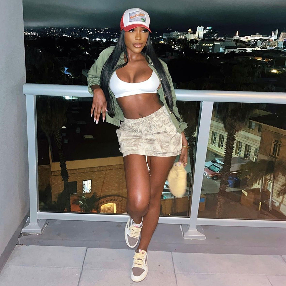 Jupe ultra-courte sexy à poches et taille élastique personnalisée camouflage pour femme