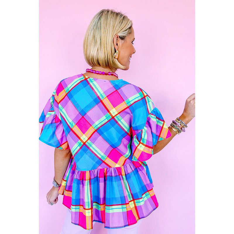 Casual Loose Plaid Printed Chiffon Blouse Women Summer Color V Neck Puff Sleeve Pullover