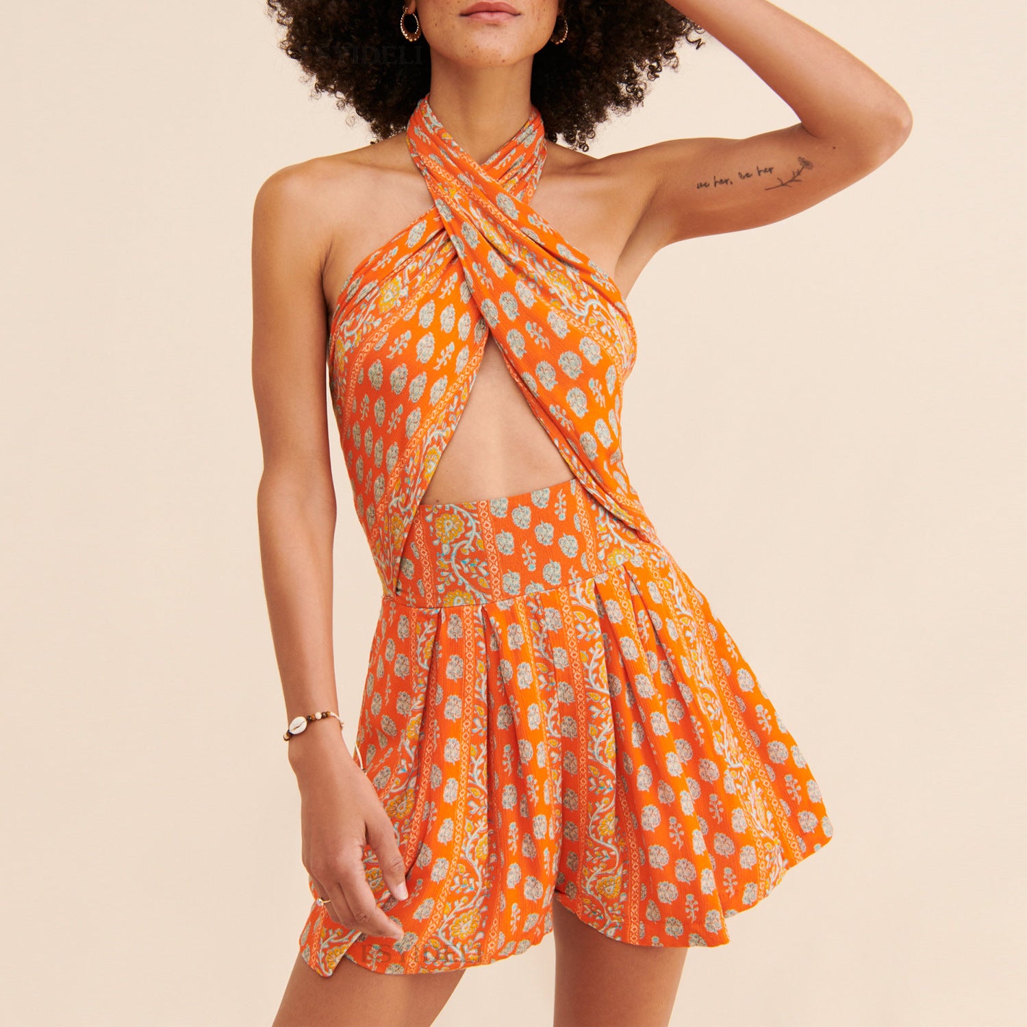 Spring Summer Sexy Lace up Halterneck Printed Vacation Short Rompers