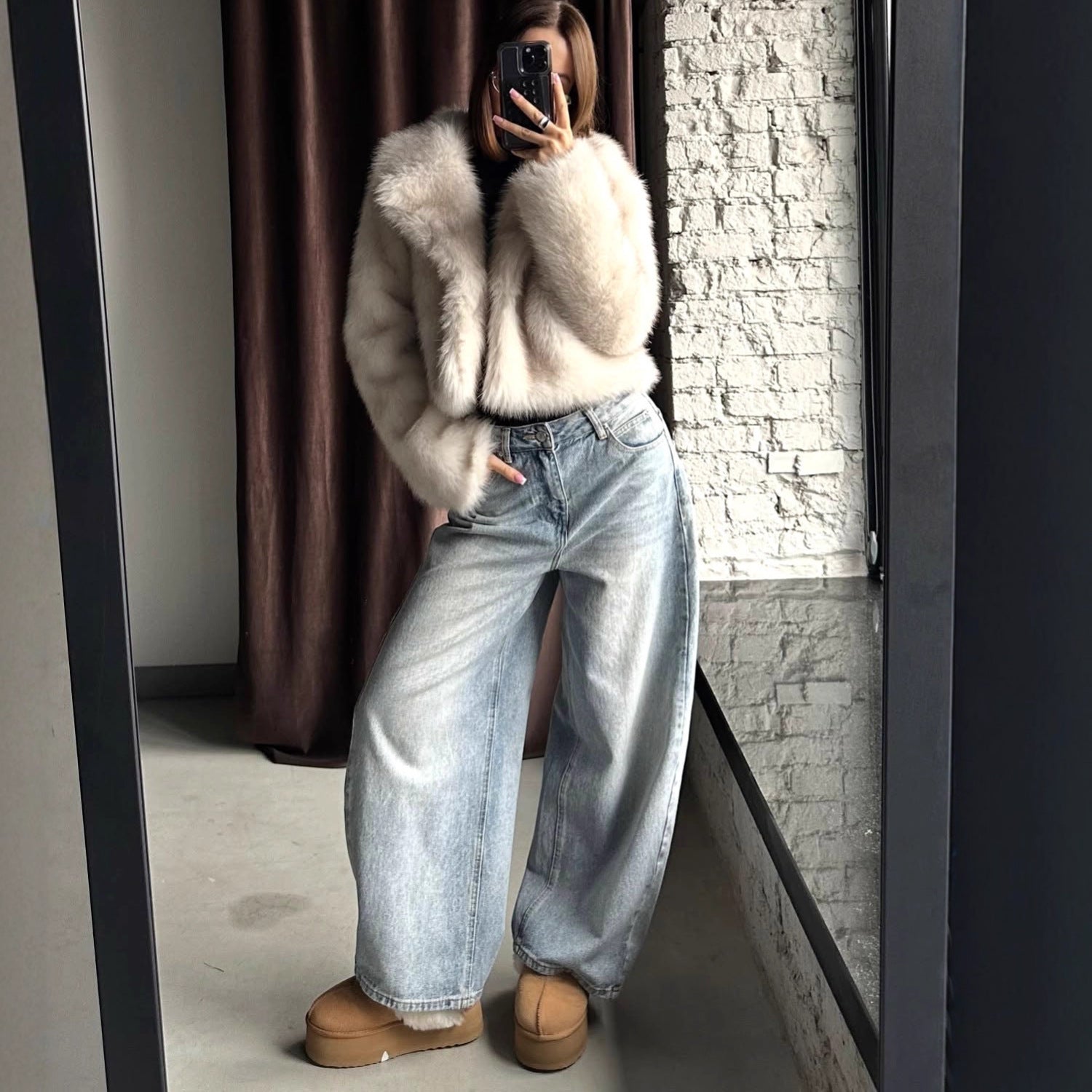 Autumn Winter Faux Fur Jacket Suit Collar Baggy Coat Short Furry Women Environmental Protection Fur Coat