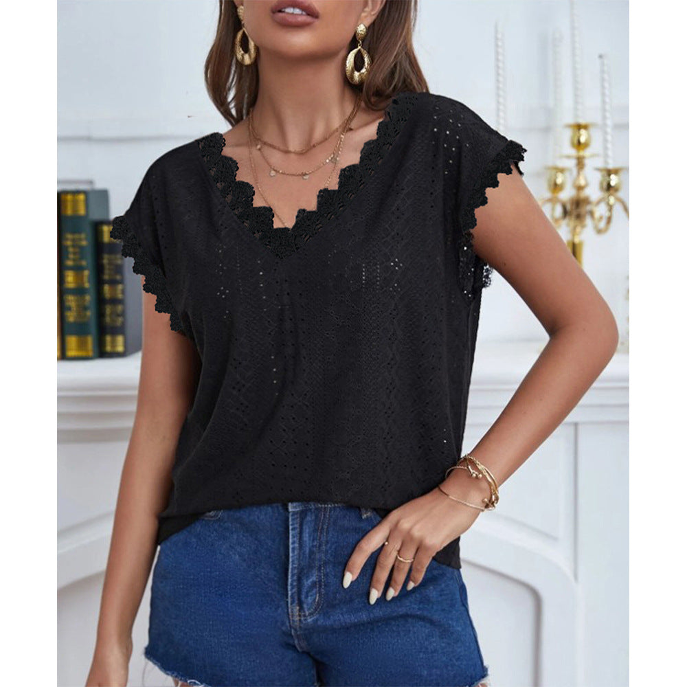 Summer Lace Edge V Neck Shirt White Hollow Out Cutout Out Design Short Sleeve Lining
