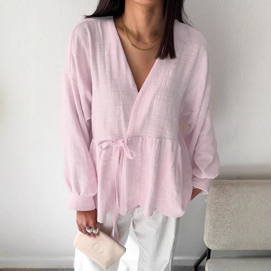 Spring Autumn Cotton Linen Solid Color V neck Trousers Comfortable Soft Shirt Women