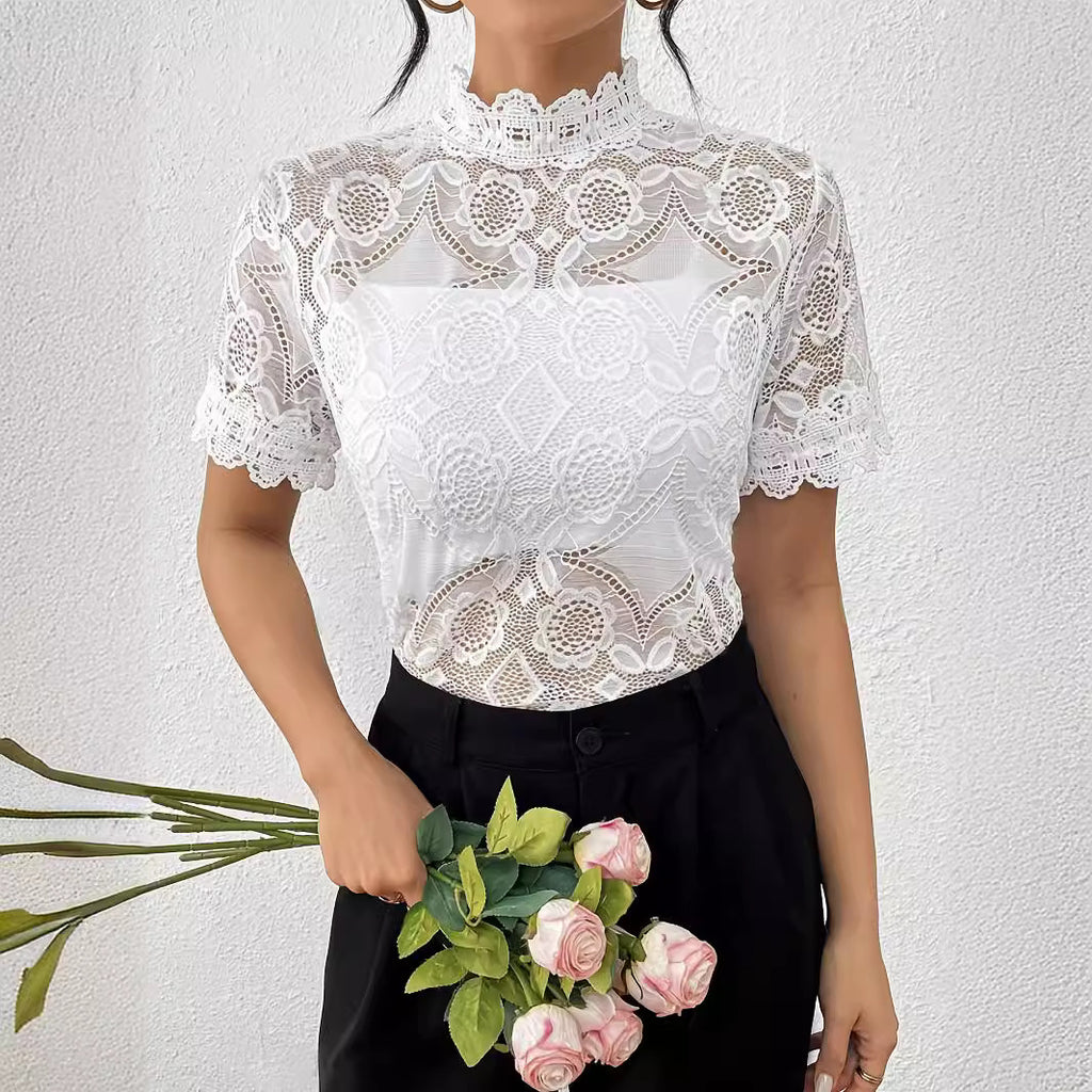 Elegant Solid Color Small Stand Collar Lace Stitching Lace Short Sleeve T shirt Top Women Clothing