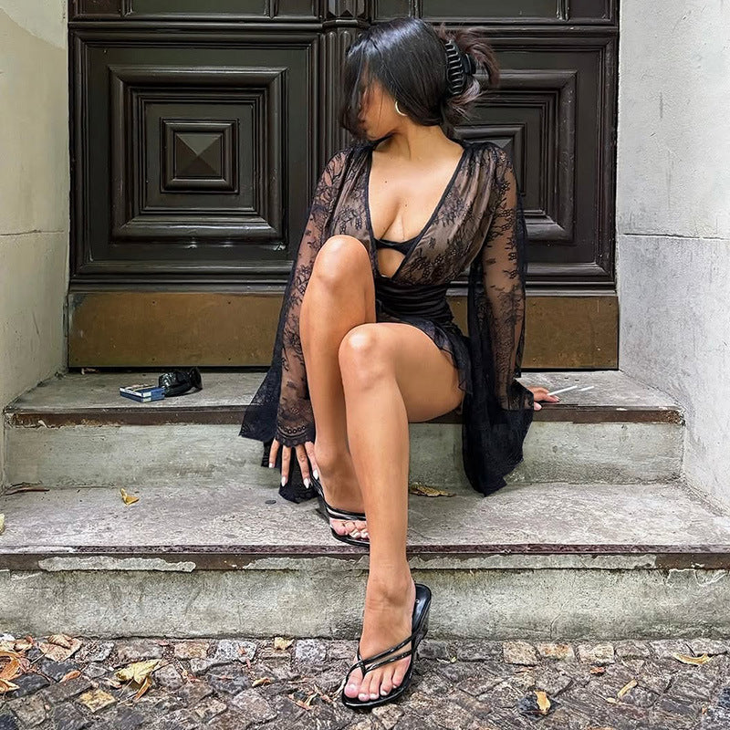 Autumn Winter Women Clothing Sexy V neck Waist Controlled Top Hip Skirt Lace Stitching Set