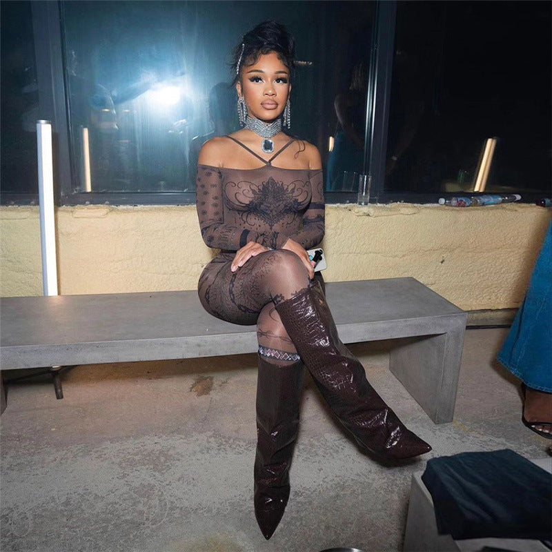 Fall Women Clothing Sexy off the Shoulder Mesh Floral Print Jumpsuit High Waist Trousers Set for Women