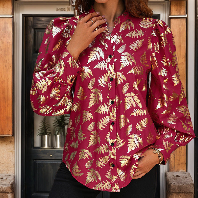 Fall Women Clothing Plant Bronzing Printed Shirt Women