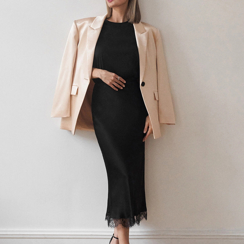 Spring Black Fishtail Skirt Lace Ruffled High Waist Skirt Satin Satin Satin