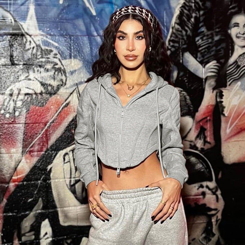 Women Clothing Fall Solid Color Short Zipper Cardigan Hoodie Coat