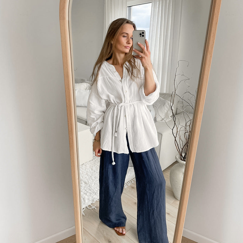 White Cotton Bubble Crepe Small Stand up Collar Tie Long Sleeved Shirt Women Top