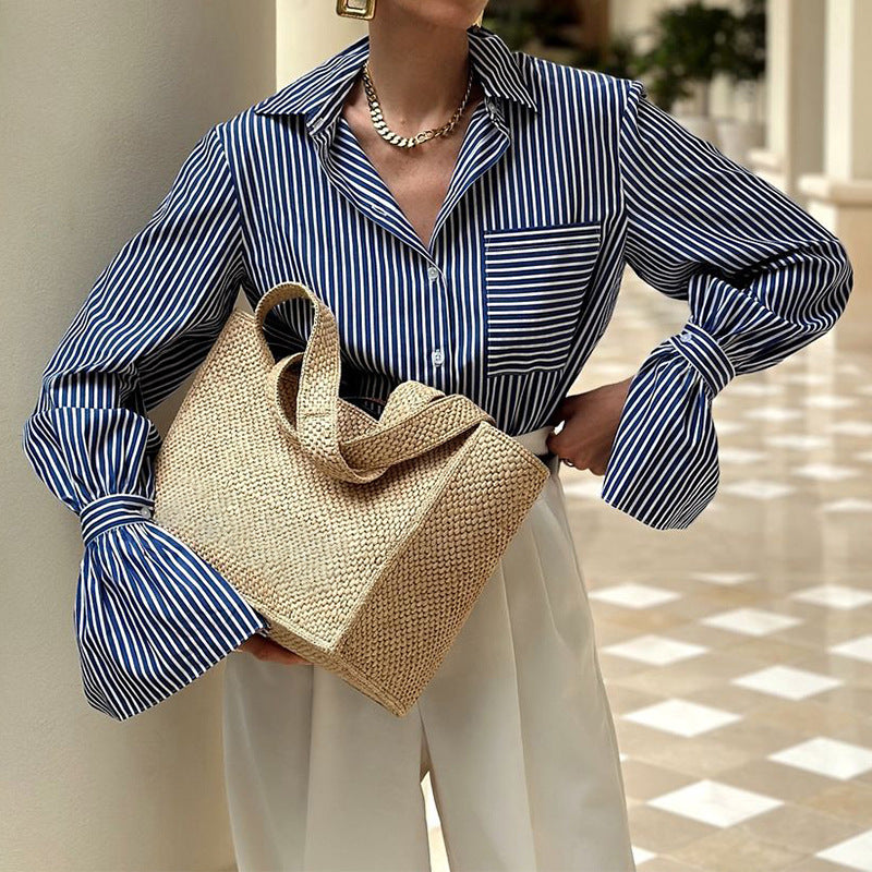 Spring Women Clothing Fashionable Elegant Long Sleeve Striped Shirt