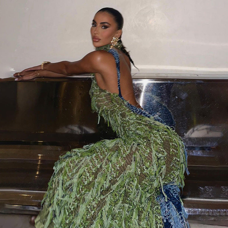 Ropa de otoño para mujer, sexy, cuello alto, sin mangas, con borlas, transparente, cintura alta, ajustada