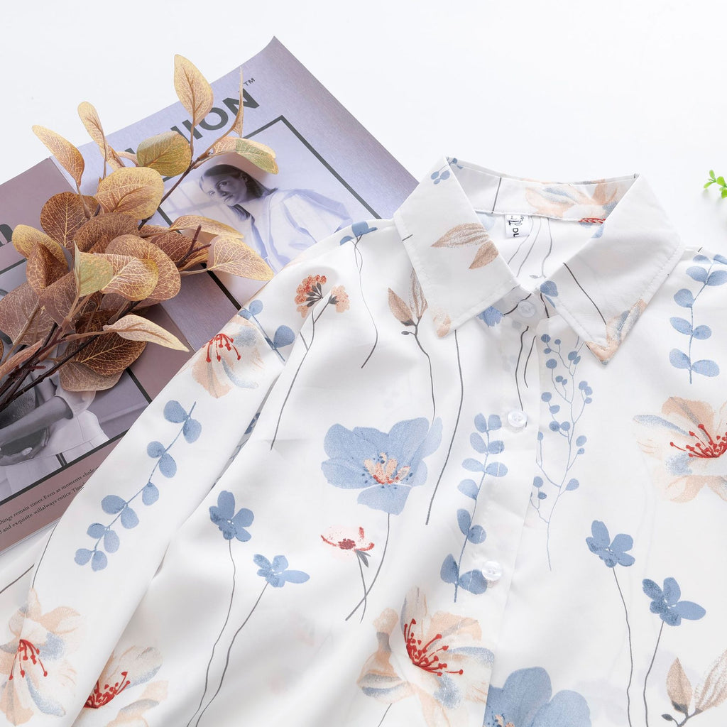 Women Floral Print Loose Collared Long Sleeves Shirt Top