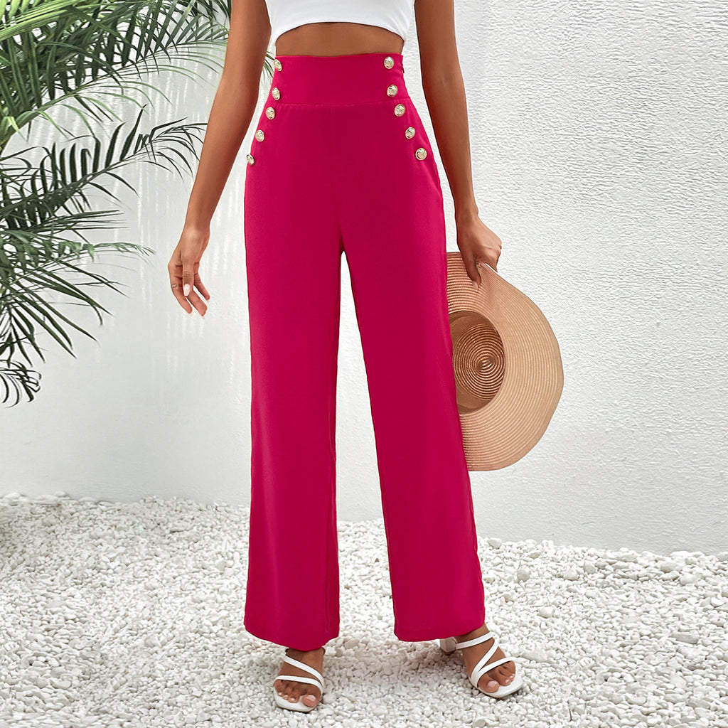 Straight Leg Pants Wide Leg Pants Women Trousers Early Autumn Ornament Button Solid Color All Matching