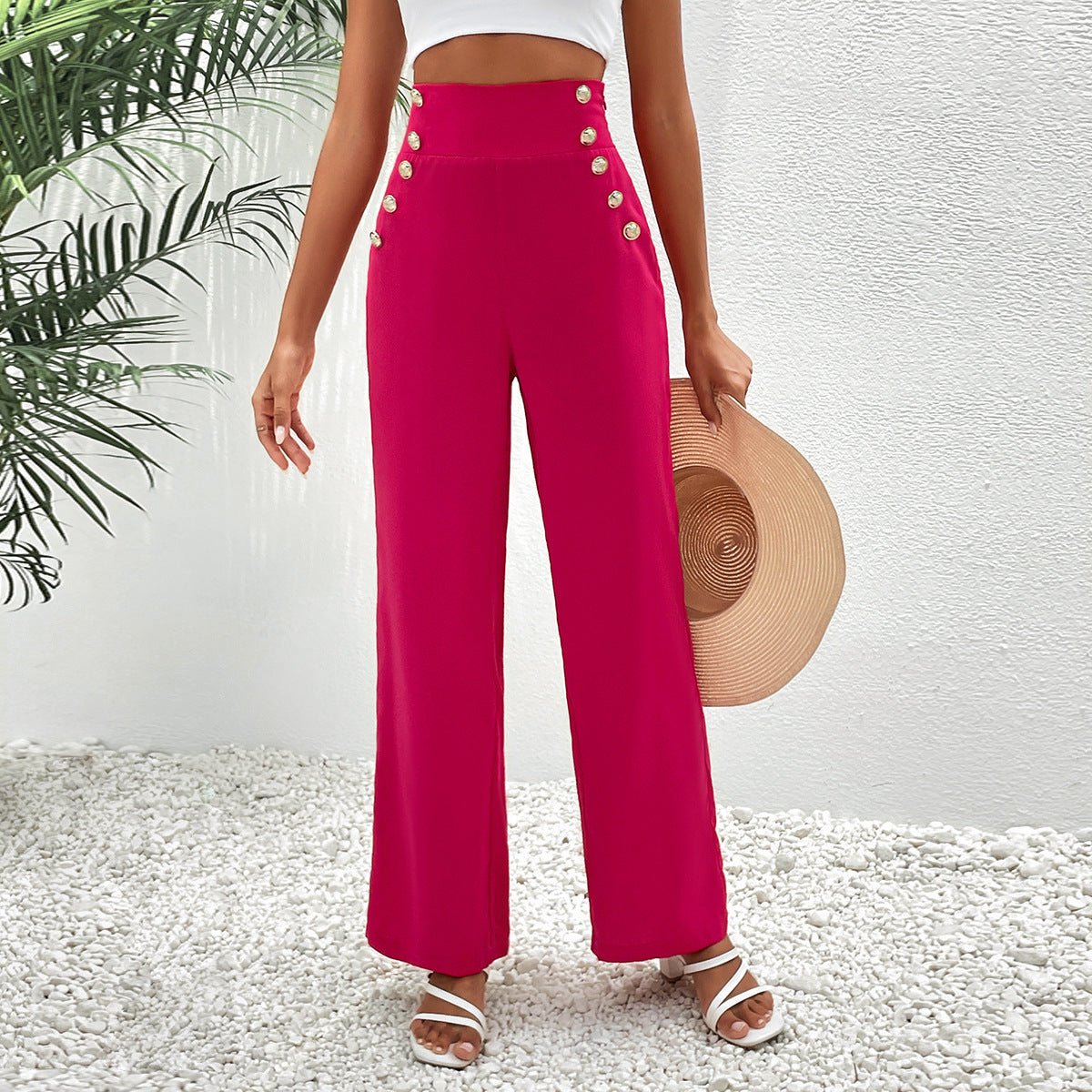 Straight Leg Pants Wide Leg Pants Women Trousers Early Autumn Ornament Button Solid Color All Matching
