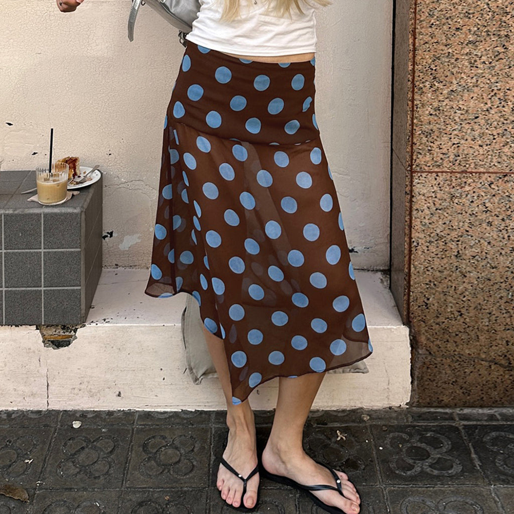 Women Clothing Contrast Color Polka Dot Print Asymmetric Dress Vacation Mid-Length Slim Slimming Sheath Dress Women