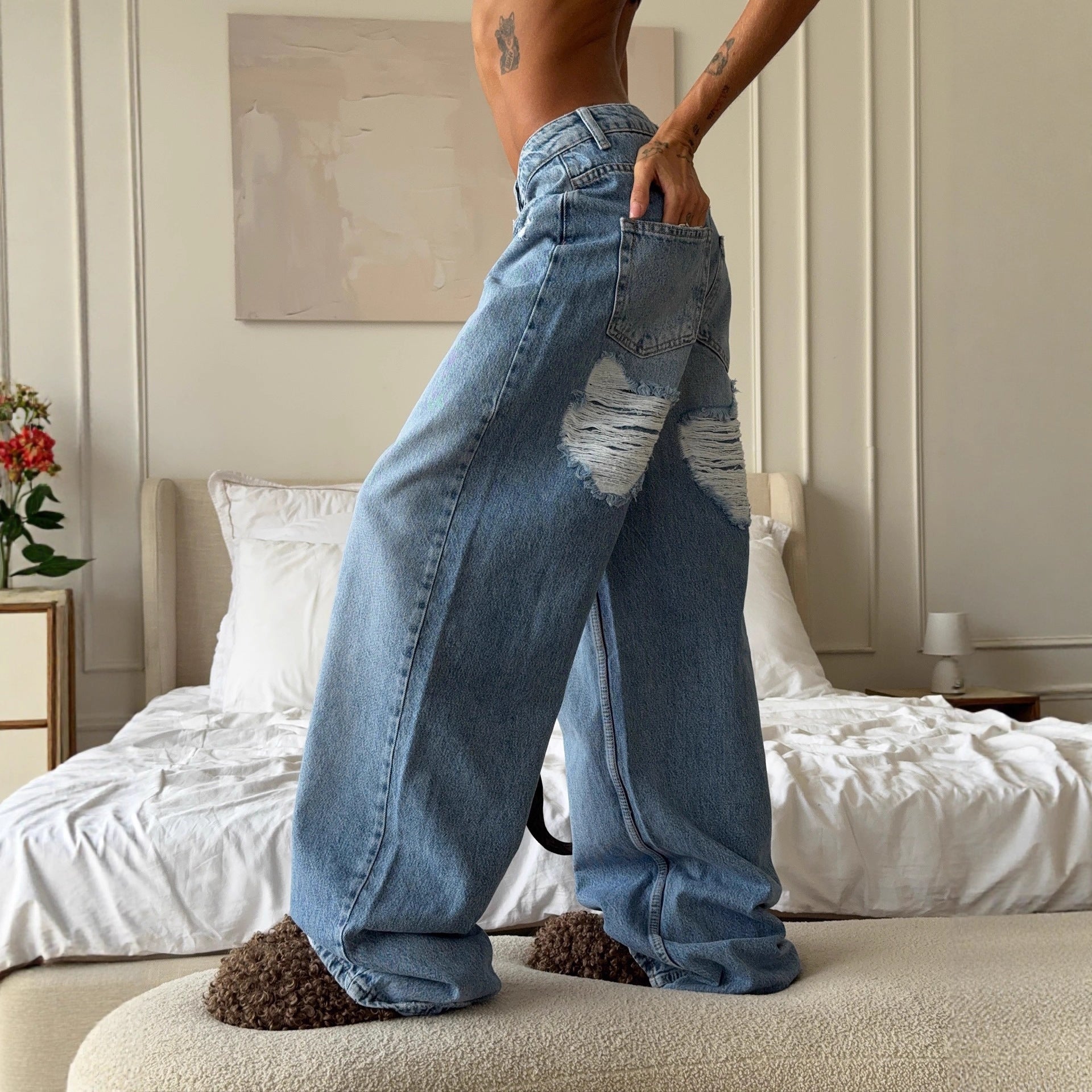 Spring Autumn Wear Resistant Loose Holes Women Straight Wide Leg Jeans