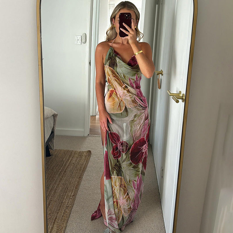 Winter Sexy Waist Trimming Backless Self Tie Dress Halter Split Dress